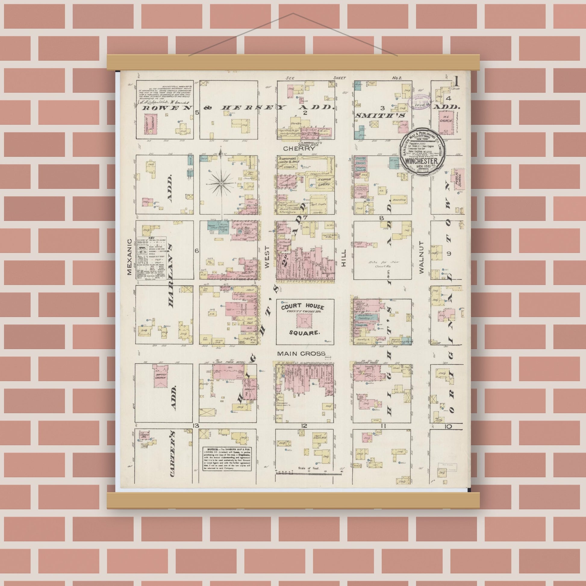 Old map wall art mockup — magnetic wood frame on brick wall — Sanborn Fire Insurance Map from Winchester, Scott County, Illinois (1885) - Complete Map Set