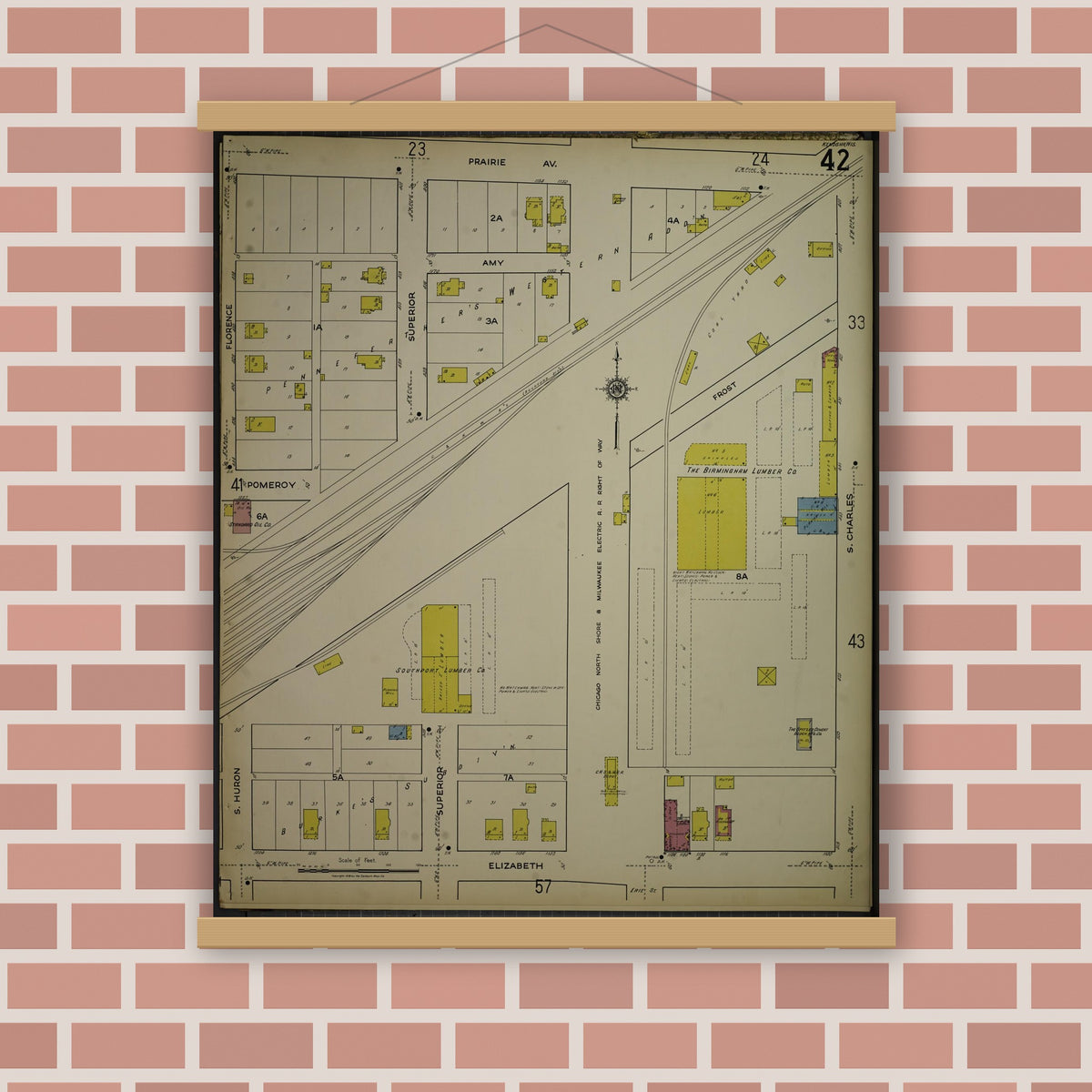 Old map wall art mockup — magnetic wood frame on brick wall — Sanborn Fire Insurance Map from Kenosha, Kenosha County, Wisconsin. (1918), Sheet 46