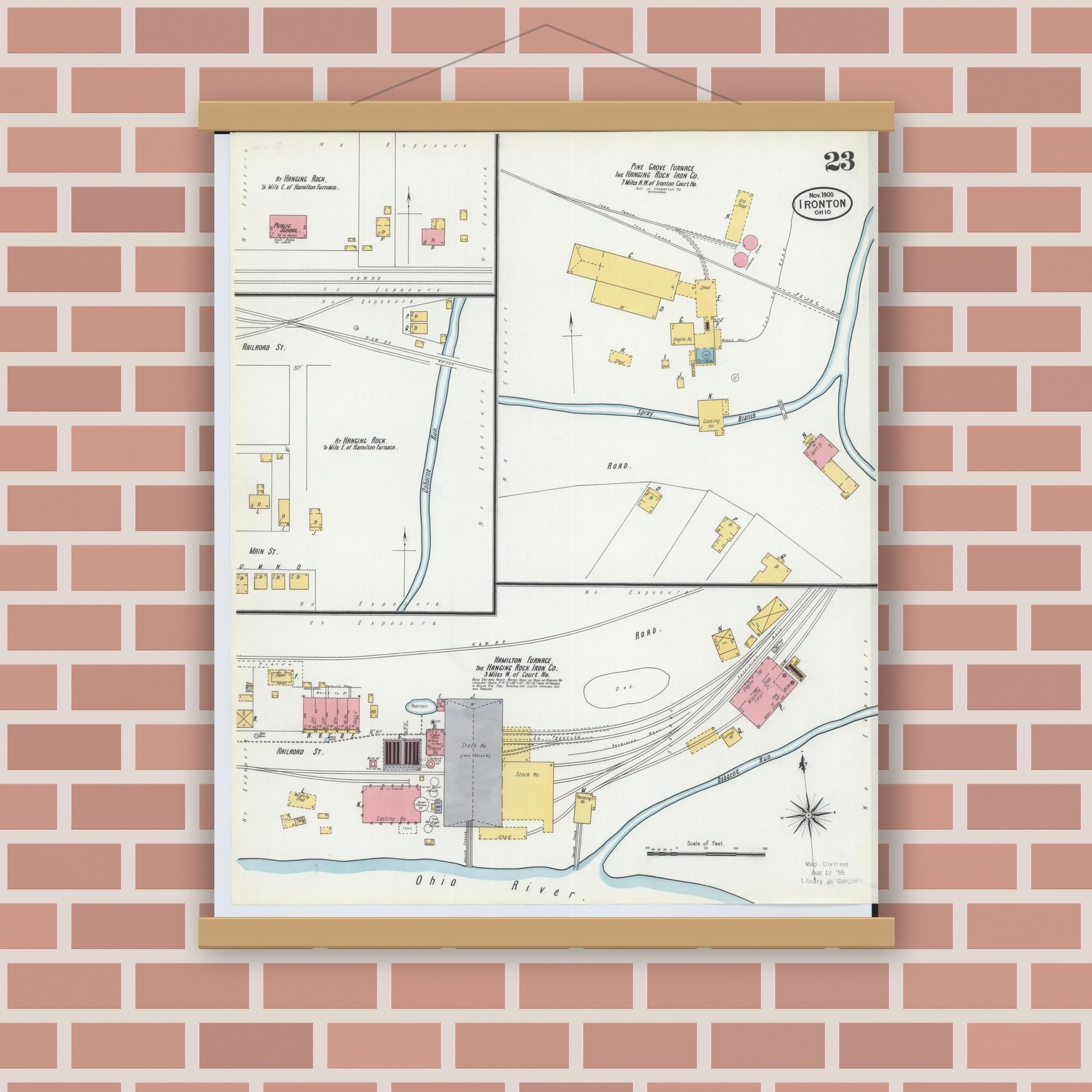Old map wall art mockup — magnetic wood frame on brick wall — Sanborn Fire Insurance Map from Ironton, Lawrence County, Ohio (1900), Sheet #0023
