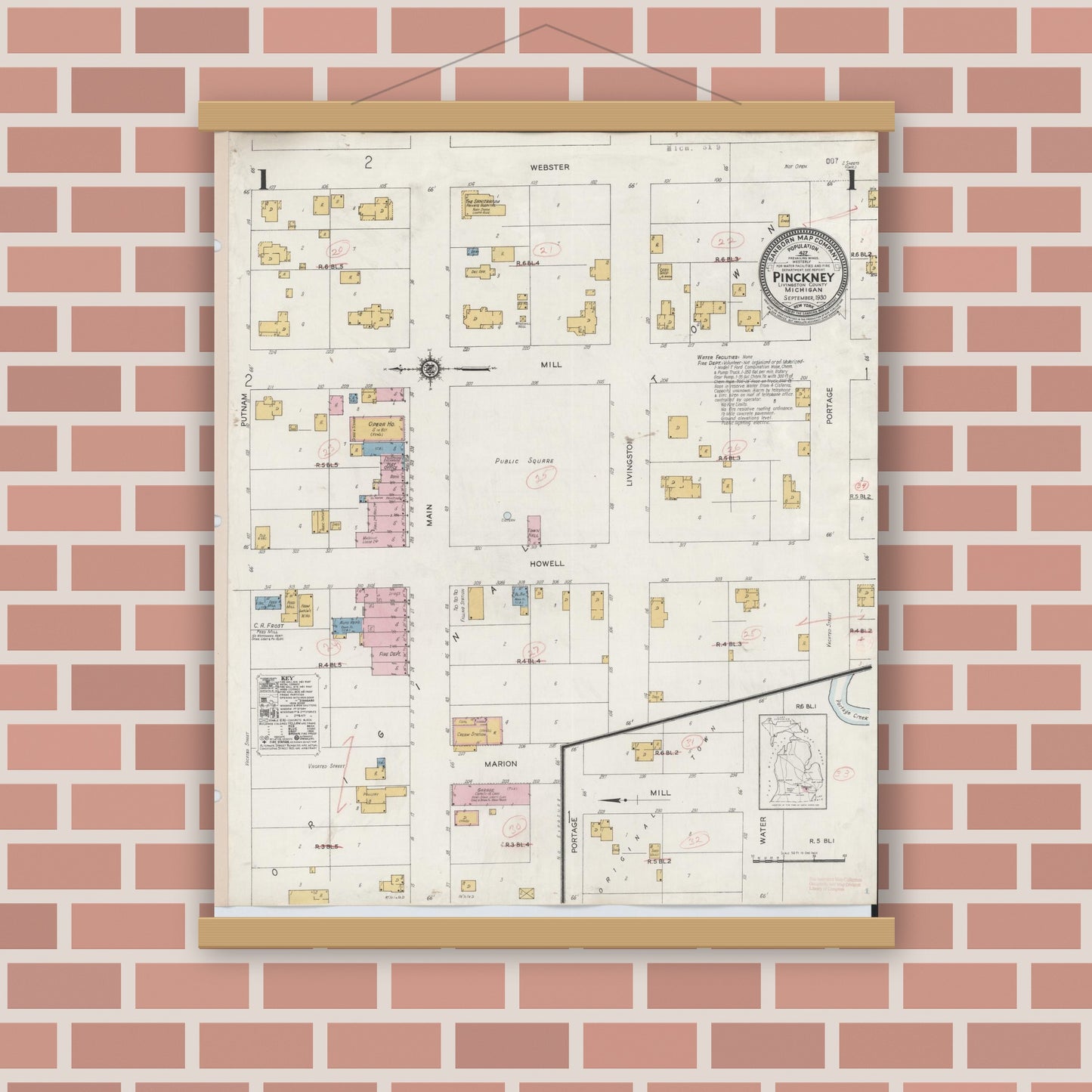 Old map wall art mockup — magnetic wood frame on brick wall — Sanborn Fire Insurance Map from Pinckney, Livingston County, Michigan (1930) - Complete Map Set