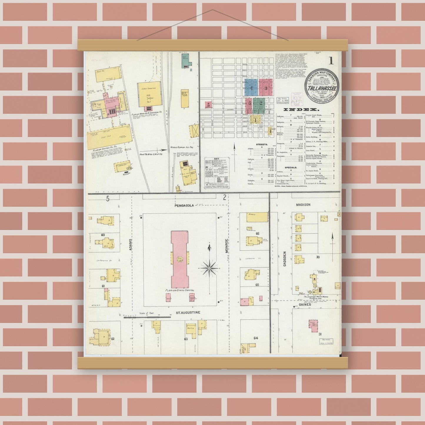 Old map wall art mockup — magnetic wood frame on brick wall — Sanborn Fire Insurance Map from Tallahassee, Leon County, Florida (1903) - Complete Map Set