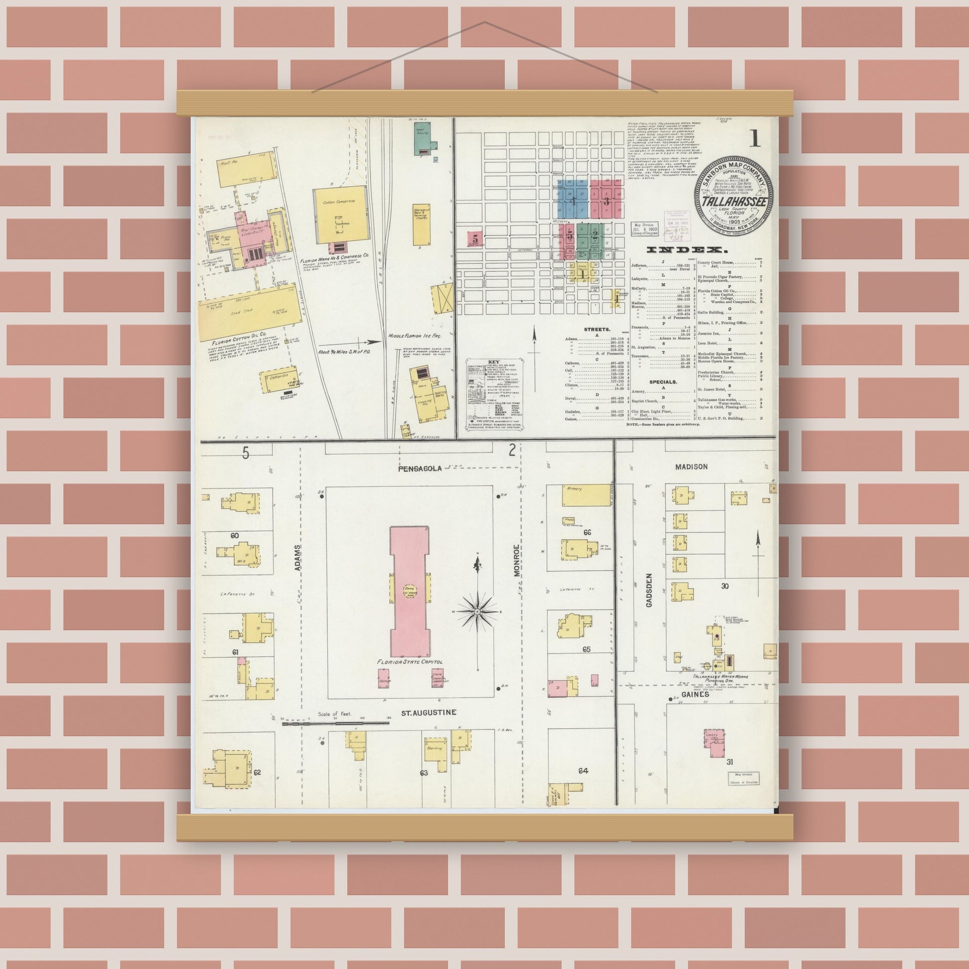 Old map wall art mockup — magnetic wood frame on brick wall — Sanborn Fire Insurance Map from Tallahassee, Leon County, Florida (1903) - Complete Map Set