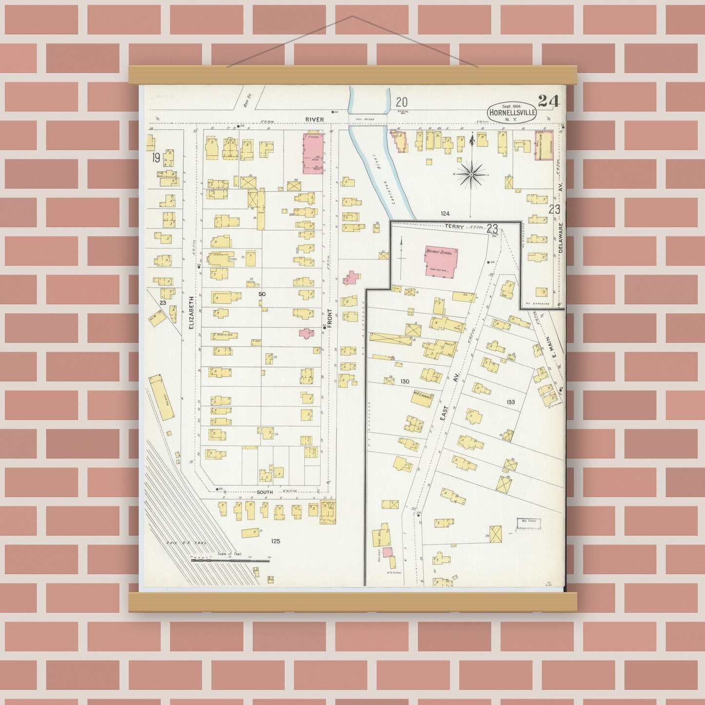 Old map wall art mockup — magnetic wood frame on brick wall — Sanborn Fire Insurance Map from Hornell, Steuben County, New York (1904), Sheet #0024