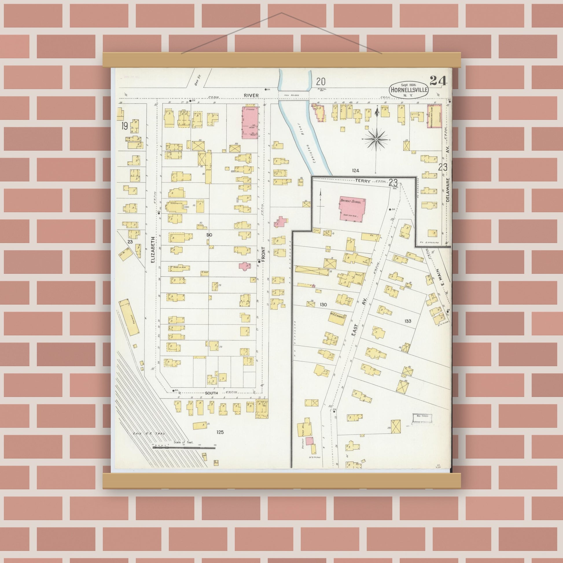 Old map wall art mockup — magnetic wood frame on brick wall — Sanborn Fire Insurance Map from Hornell, Steuben County, New York (1904), Sheet #0024