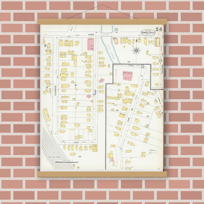 Old map wall art mockup — magnetic wood frame on brick wall — Sanborn Fire Insurance Map from Hornell, Steuben County, New York (1904), Sheet #0024