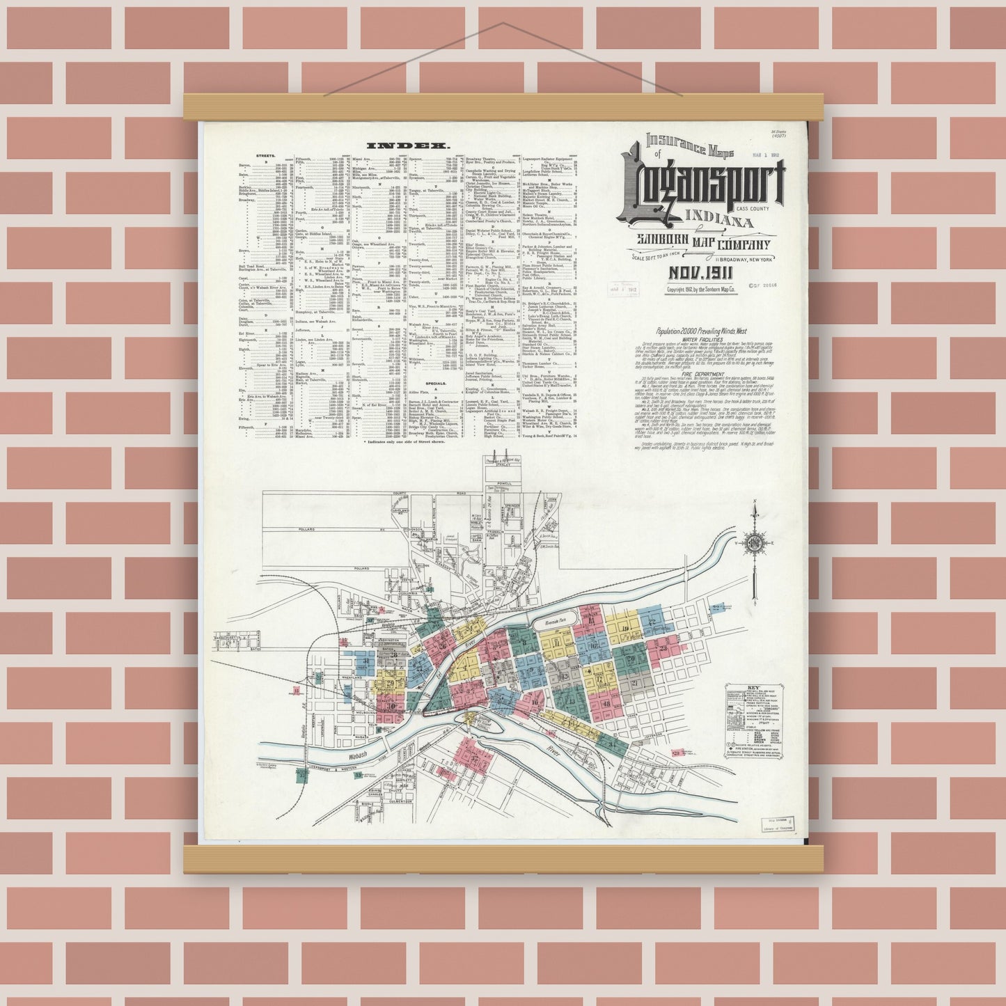 Old map wall art mockup — magnetic wood frame on brick wall — Sanborn Fire Insurance Map from Logansport, Cass County, Indiana (1911), Sheet #0001