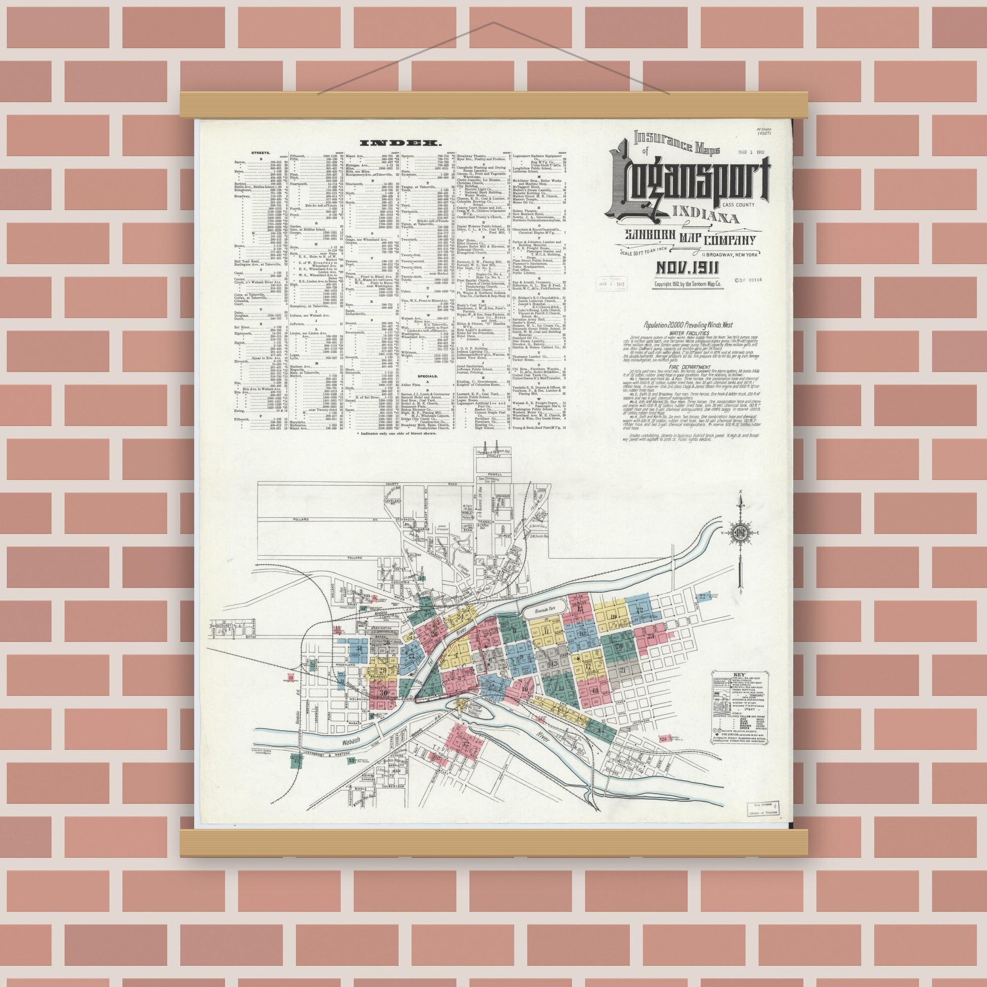 Old map wall art mockup — magnetic wood frame on brick wall — Sanborn Fire Insurance Map from Logansport, Cass County, Indiana (1911), Sheet #0001