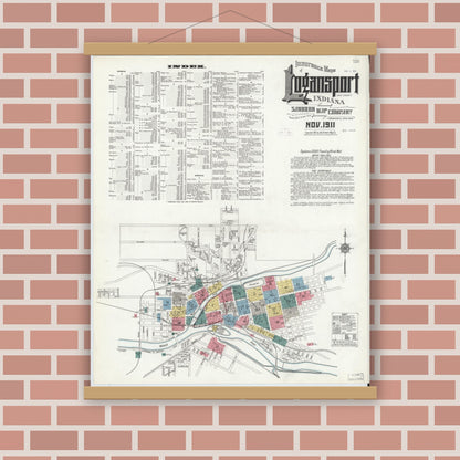 Old map wall art mockup — magnetic wood frame on brick wall — Sanborn Fire Insurance Map from Logansport, Cass County, Indiana (1911), Sheet #0001