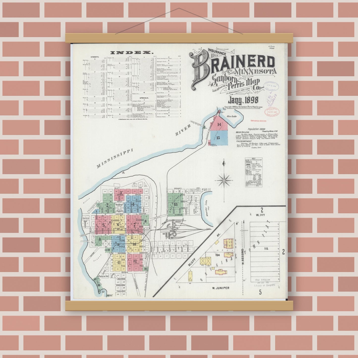 Old map wall art mockup — magnetic wood frame on brick wall — Sanborn Fire Insurance Map from Brainerd, Crow Wing County, Minnesota (1898) - Complete Map Set
