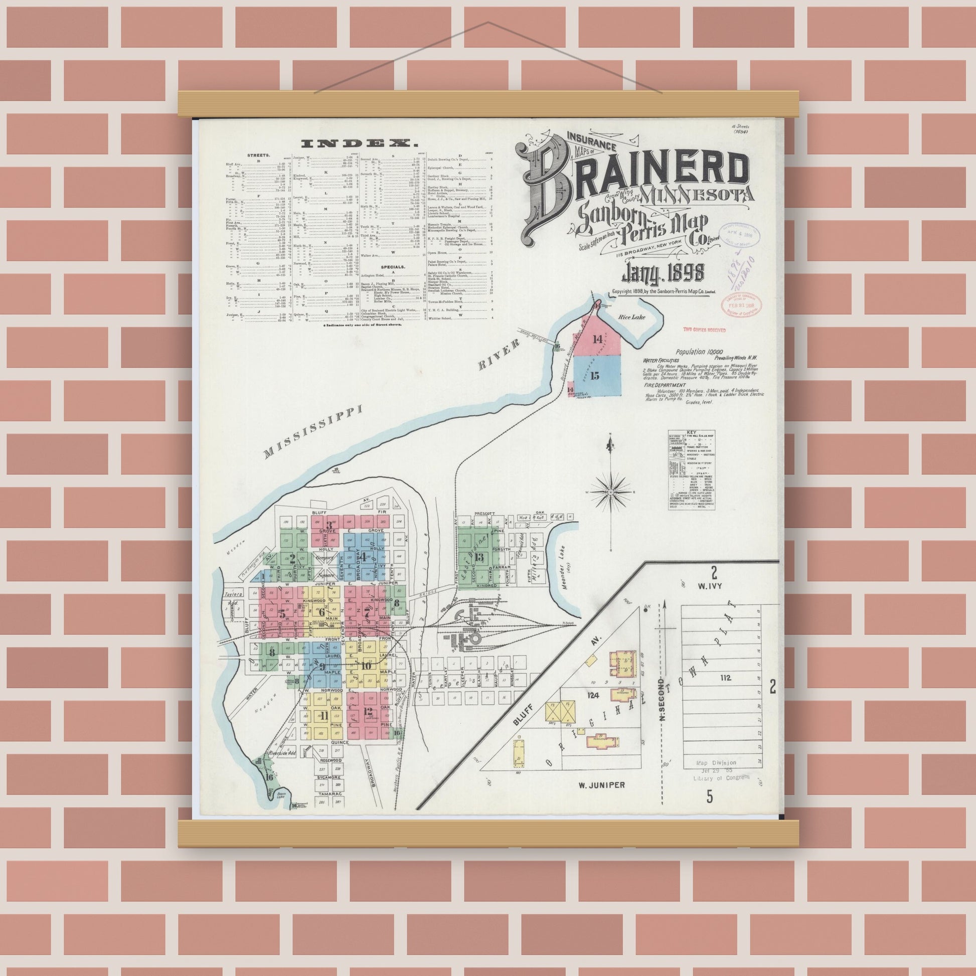 Old map wall art mockup — magnetic wood frame on brick wall — Sanborn Fire Insurance Map from Brainerd, Crow Wing County, Minnesota (1898) - Complete Map Set
