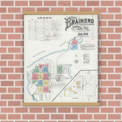 Old map wall art mockup — magnetic wood frame on brick wall — Sanborn Fire Insurance Map from Brainerd, Crow Wing County, Minnesota (1898) - Complete Map Set