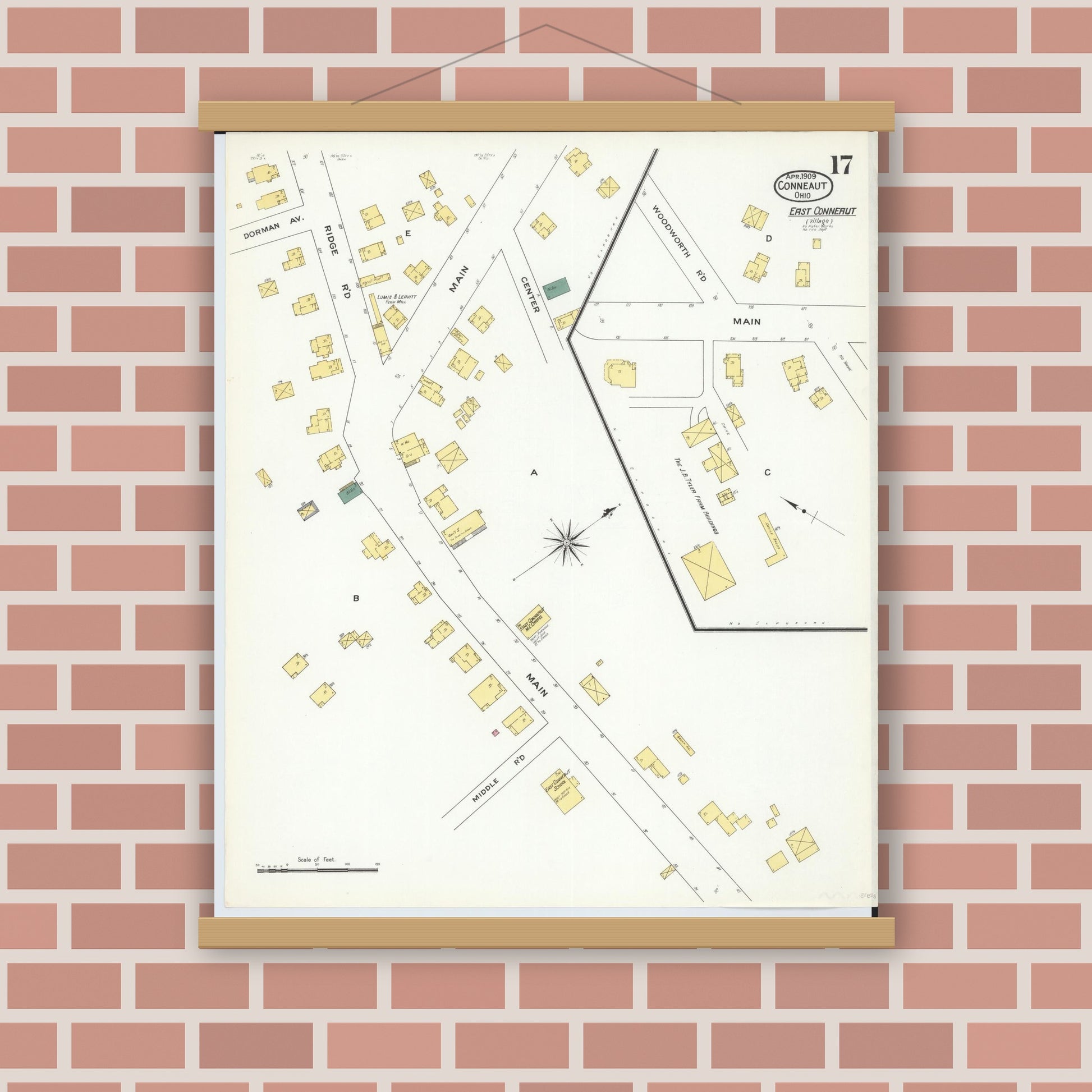 Old map wall art mockup — magnetic wood frame on brick wall — Sanborn Fire Insurance Map from Conneaut, Ashtabula County, Ohio (1909), Sheet #0017