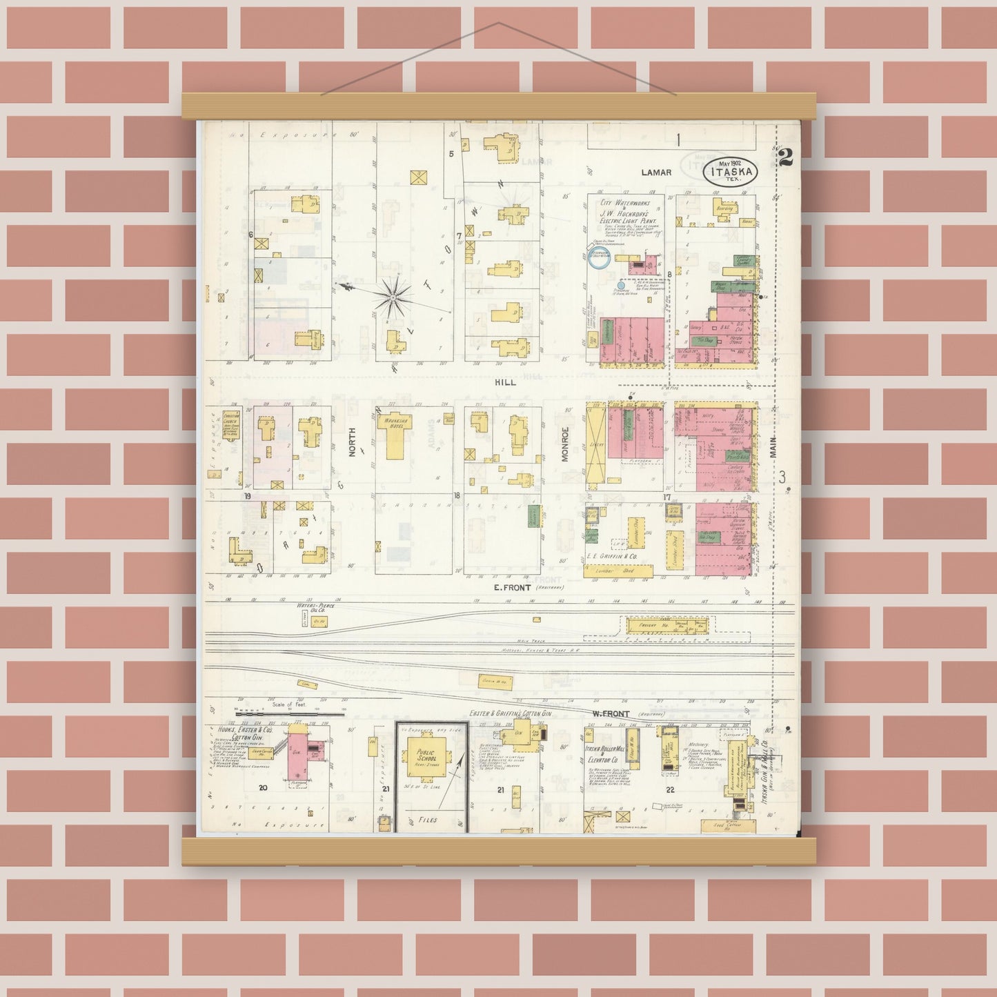 Old map wall art mockup — magnetic wood frame on brick wall — Sanborn Fire Insurance Map from Itasca, Hill County, Texas (1902), Sheet #0002