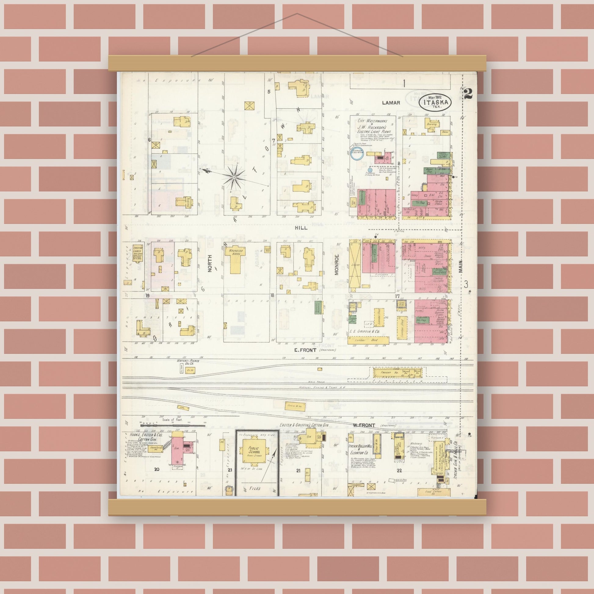 Old map wall art mockup — magnetic wood frame on brick wall — Sanborn Fire Insurance Map from Itasca, Hill County, Texas (1902), Sheet #0002