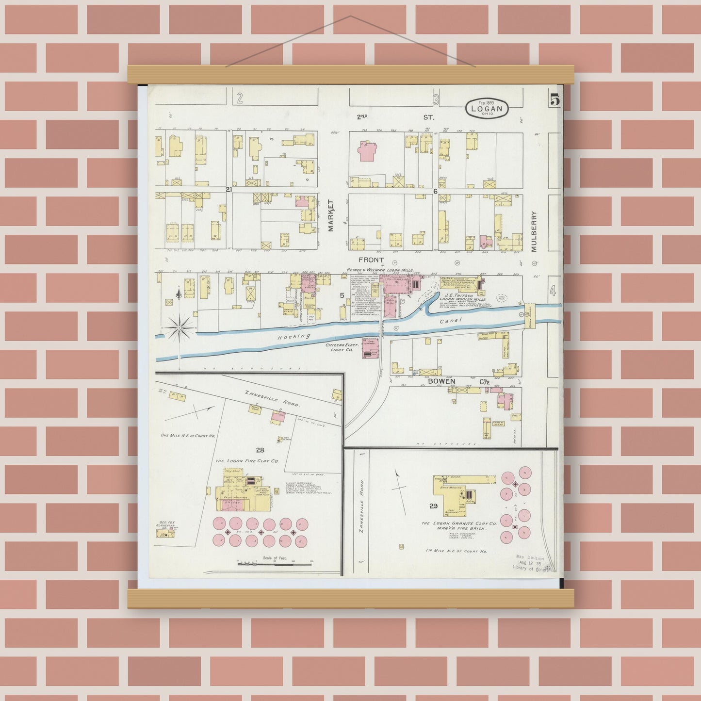 Old map wall art mockup — magnetic wood frame on brick wall — Sanborn Fire Insurance Map from Logan, Hocking County, Ohio (1893), Sheet #0005