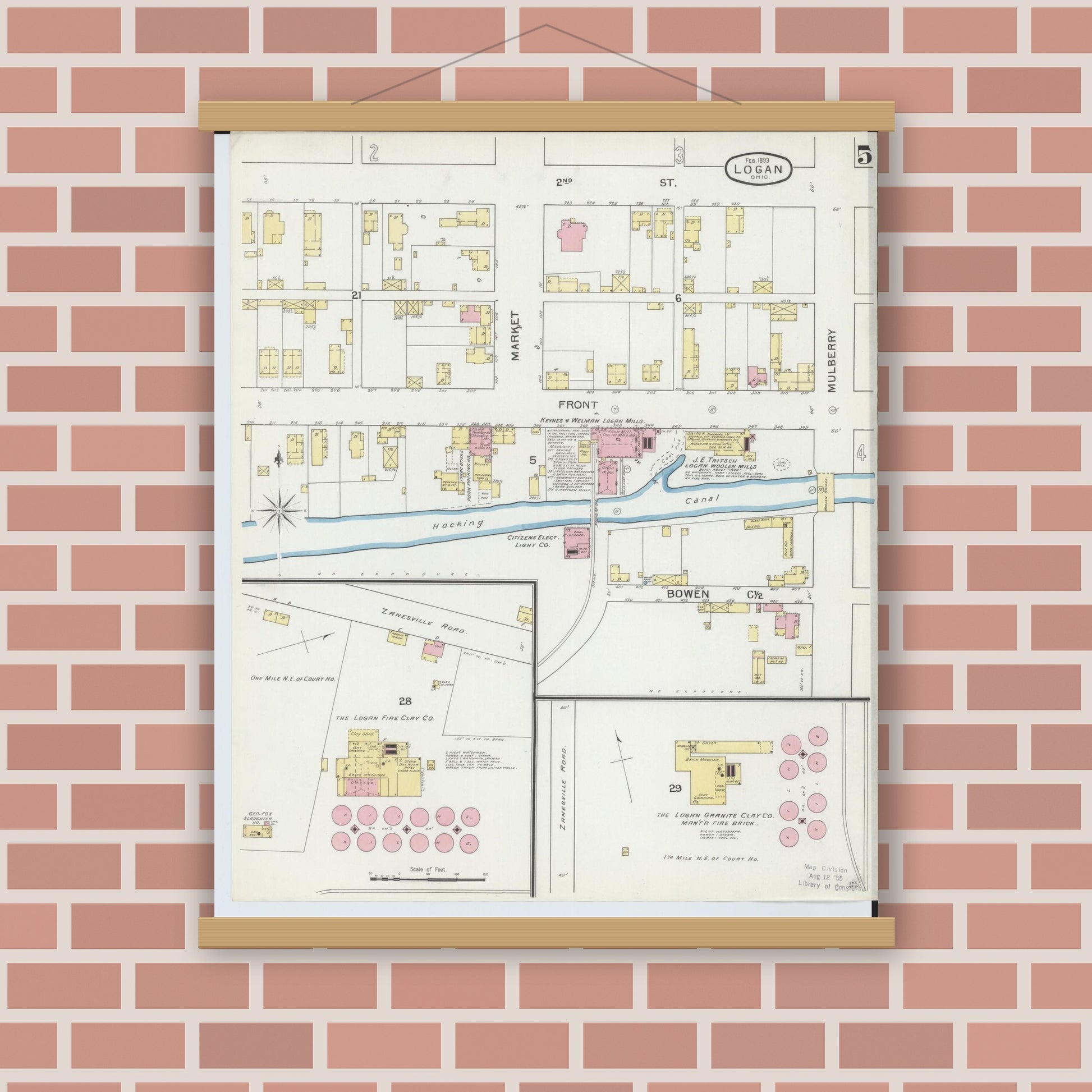 Old map wall art mockup — magnetic wood frame on brick wall — Sanborn Fire Insurance Map from Logan, Hocking County, Ohio (1893), Sheet #0005