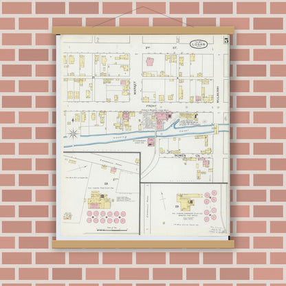 Old map wall art mockup — magnetic wood frame on brick wall — Sanborn Fire Insurance Map from Logan, Hocking County, Ohio (1893), Sheet #0005