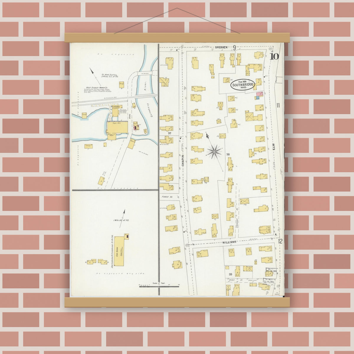 Old map wall art mockup — magnetic wood frame on brick wall — Sanborn Fire Insurance Map from Southbridge, Worcester County, Massachusetts (1904), Sheet #0010