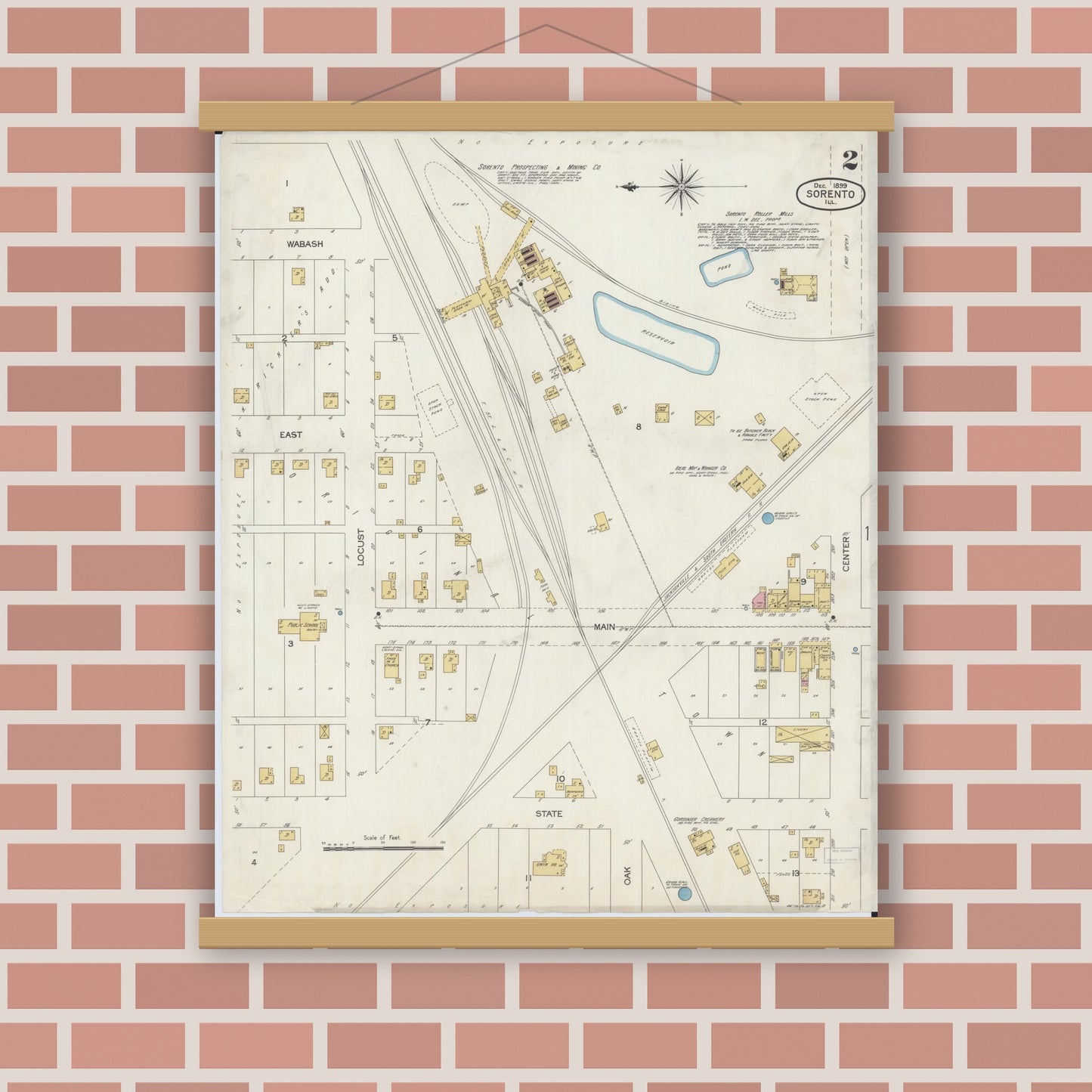 Old map wall art mockup — magnetic wood frame on brick wall — Sanborn Fire Insurance Map from Sorento, Bond County, Illinois (1899), Sheet #0002