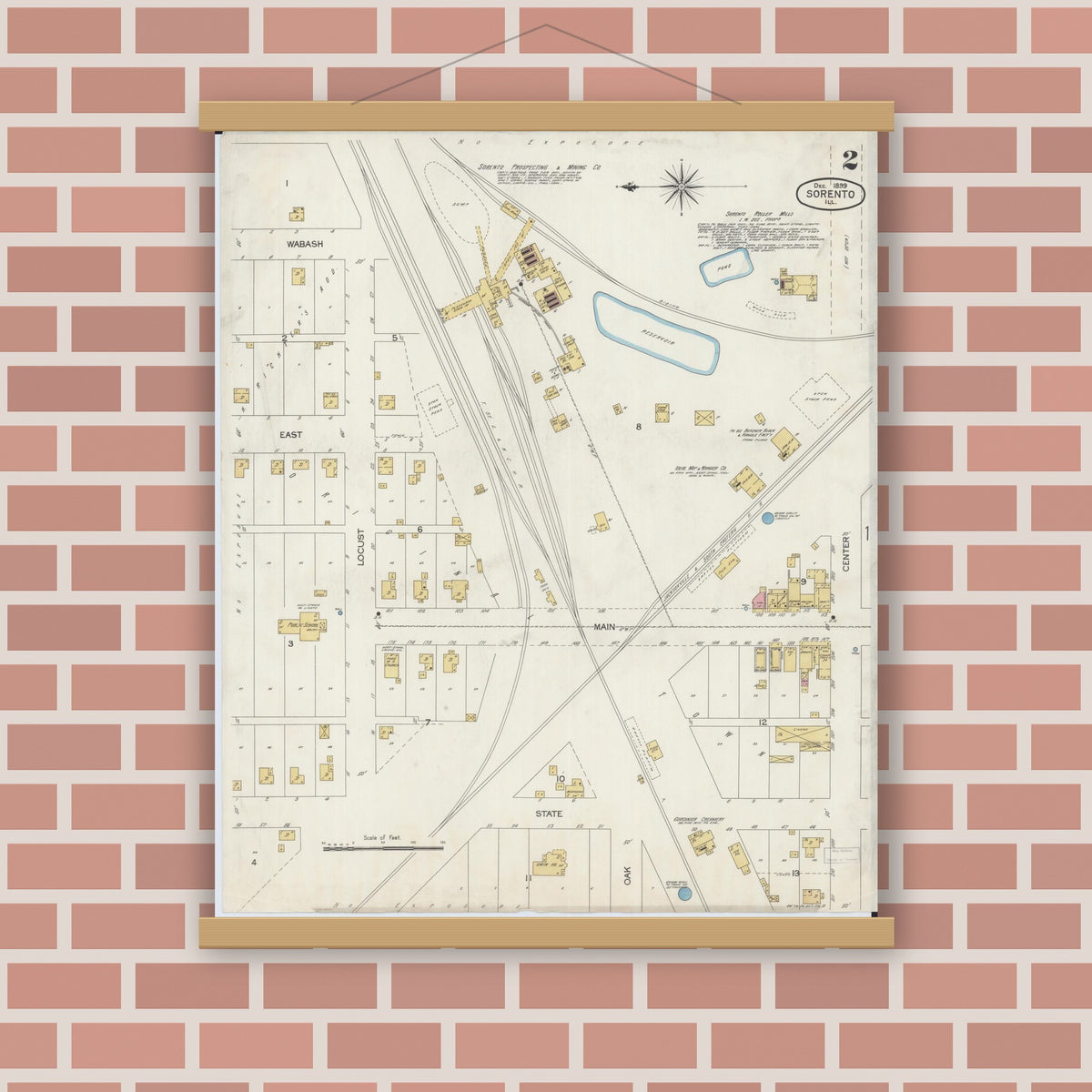 Old map wall art mockup — magnetic wood frame on brick wall — Sanborn Fire Insurance Map from Sorento, Bond County, Illinois (1899), Sheet #0002