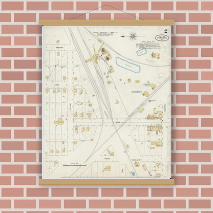 Old map wall art mockup — magnetic wood frame on brick wall — Sanborn Fire Insurance Map from Sorento, Bond County, Illinois (1899), Sheet #0002