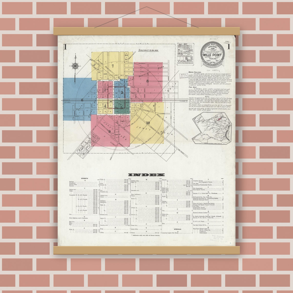 Old map wall art mockup — magnetic wood frame on brick wall — Sanborn Fire Insurance Map from Wills Point, Van Zandt County, Texas (1923), Sheet #0001