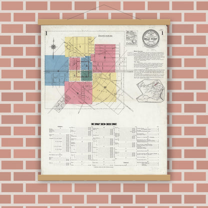 Old map wall art mockup — magnetic wood frame on brick wall — Sanborn Fire Insurance Map from Wills Point, Van Zandt County, Texas (1923), Sheet #0001