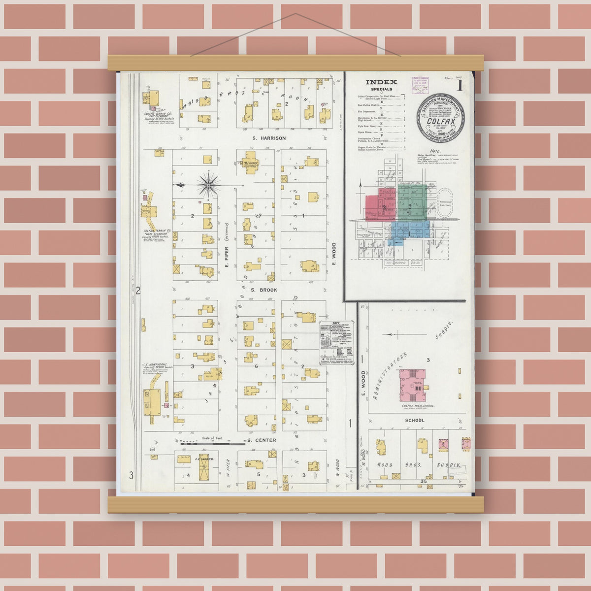 Old map wall art mockup — magnetic wood frame on brick wall — Sanborn Fire Insurance Map from Colfax, McLean County, Illinois (1906), Sheet #0001