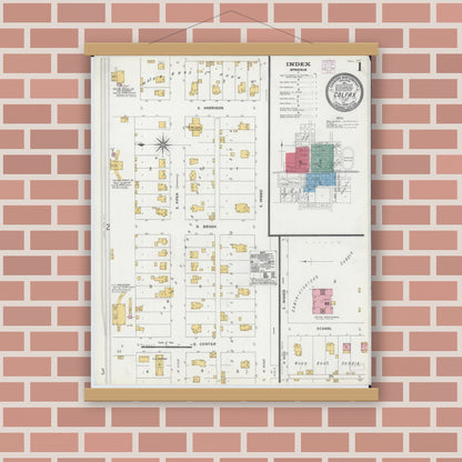 Old map wall art mockup — magnetic wood frame on brick wall — Sanborn Fire Insurance Map from Colfax, McLean County, Illinois (1906), Sheet #0001