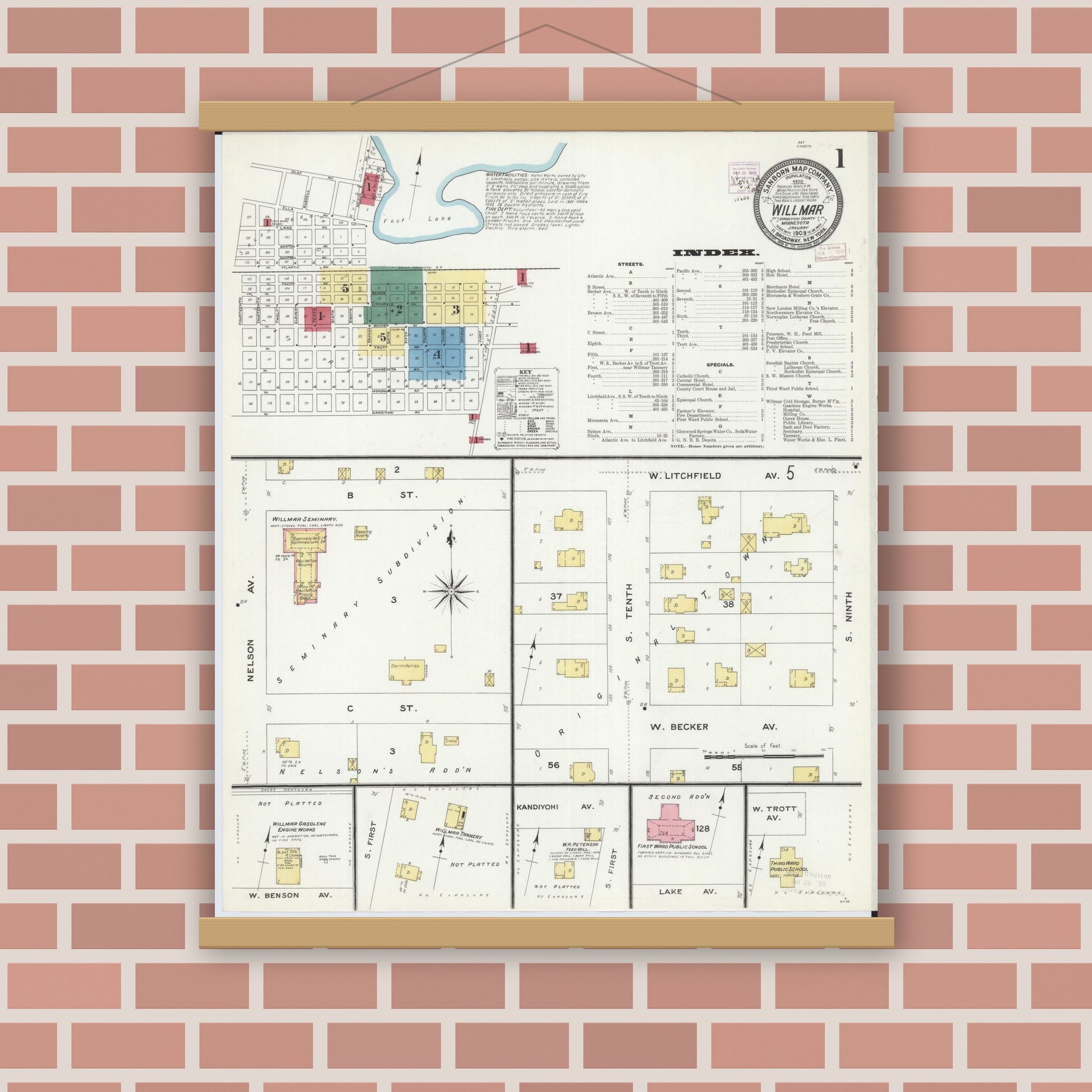 Old map wall art mockup — magnetic wood frame on brick wall — Sanborn Fire Insurance Map from Willmar, Kandiyohi County, Minnesota (1909) - Complete Map Set