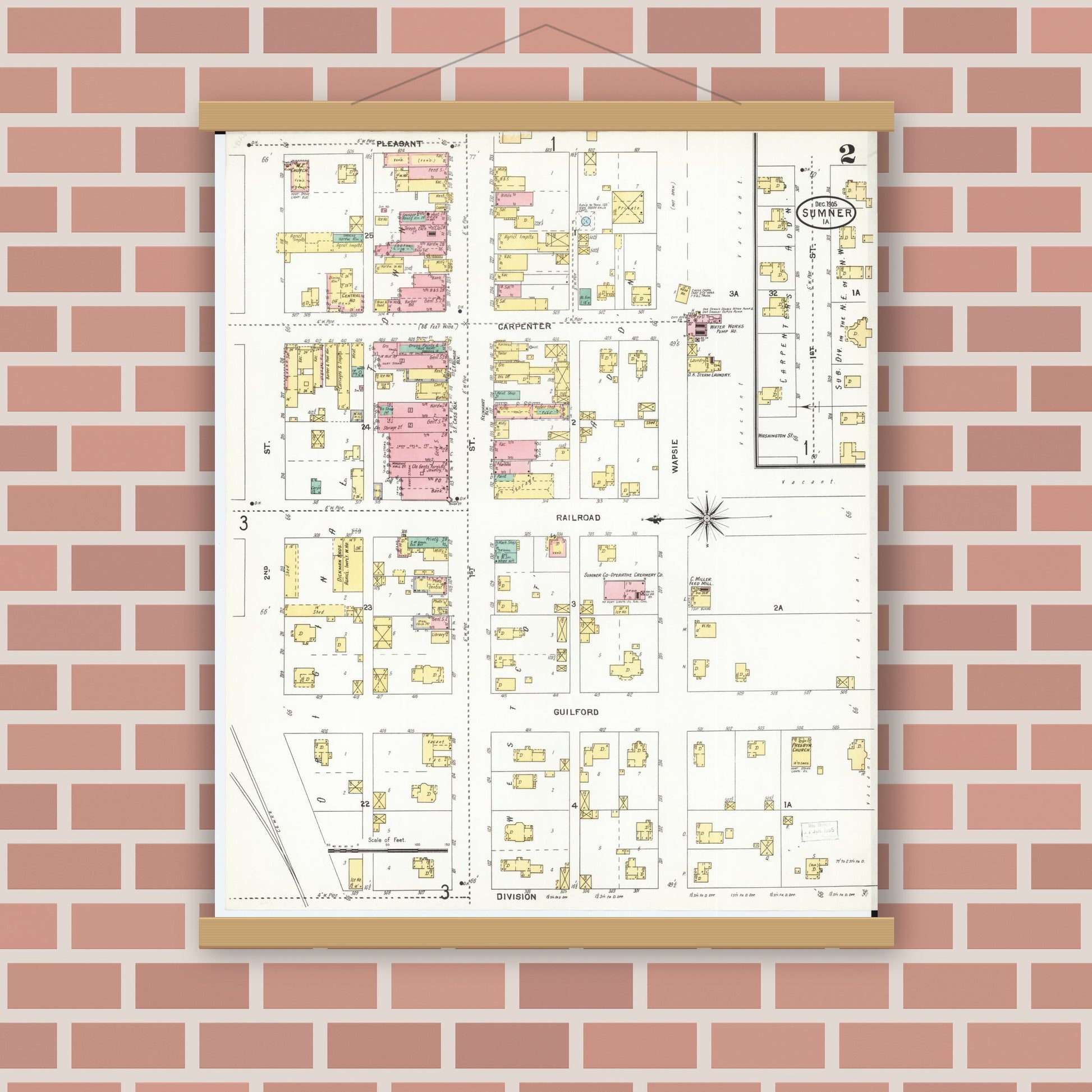 Old map wall art mockup — magnetic wood frame on brick wall — Sanborn Fire Insurance Map from Sumner, Bremer County, Iowa (1905), Sheet #0002