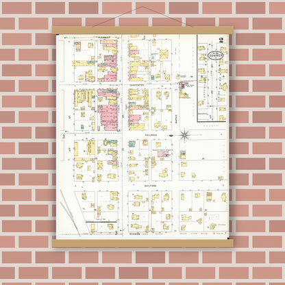 Old map wall art mockup — magnetic wood frame on brick wall — Sanborn Fire Insurance Map from Sumner, Bremer County, Iowa (1905), Sheet #0002