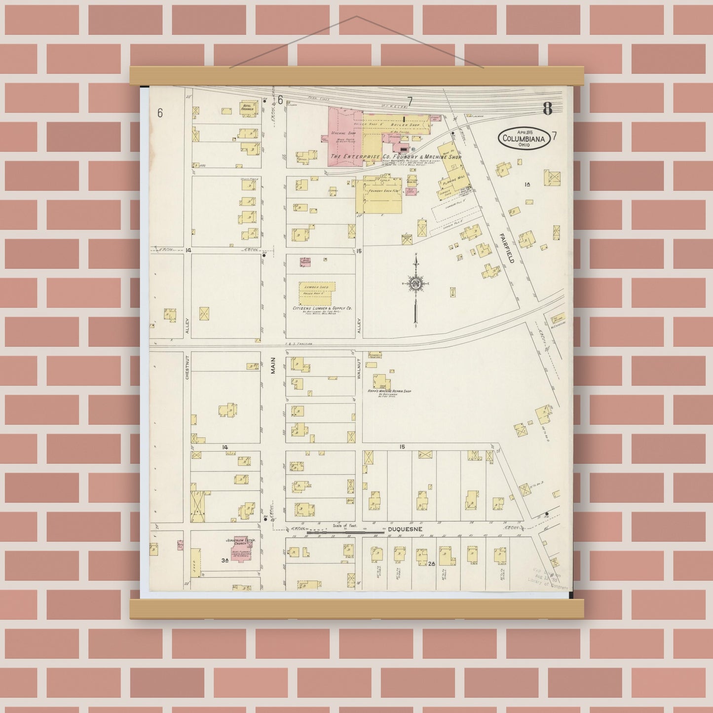 Old map wall art mockup — magnetic wood frame on brick wall — Sanborn Fire Insurance Map from Columbiana, Columbiana County, Ohio (1915), Sheet #0008
