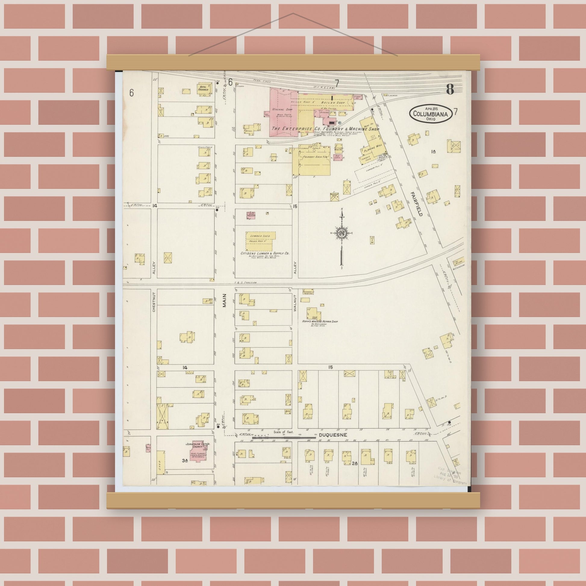 Old map wall art mockup — magnetic wood frame on brick wall — Sanborn Fire Insurance Map from Columbiana, Columbiana County, Ohio (1915), Sheet #0008