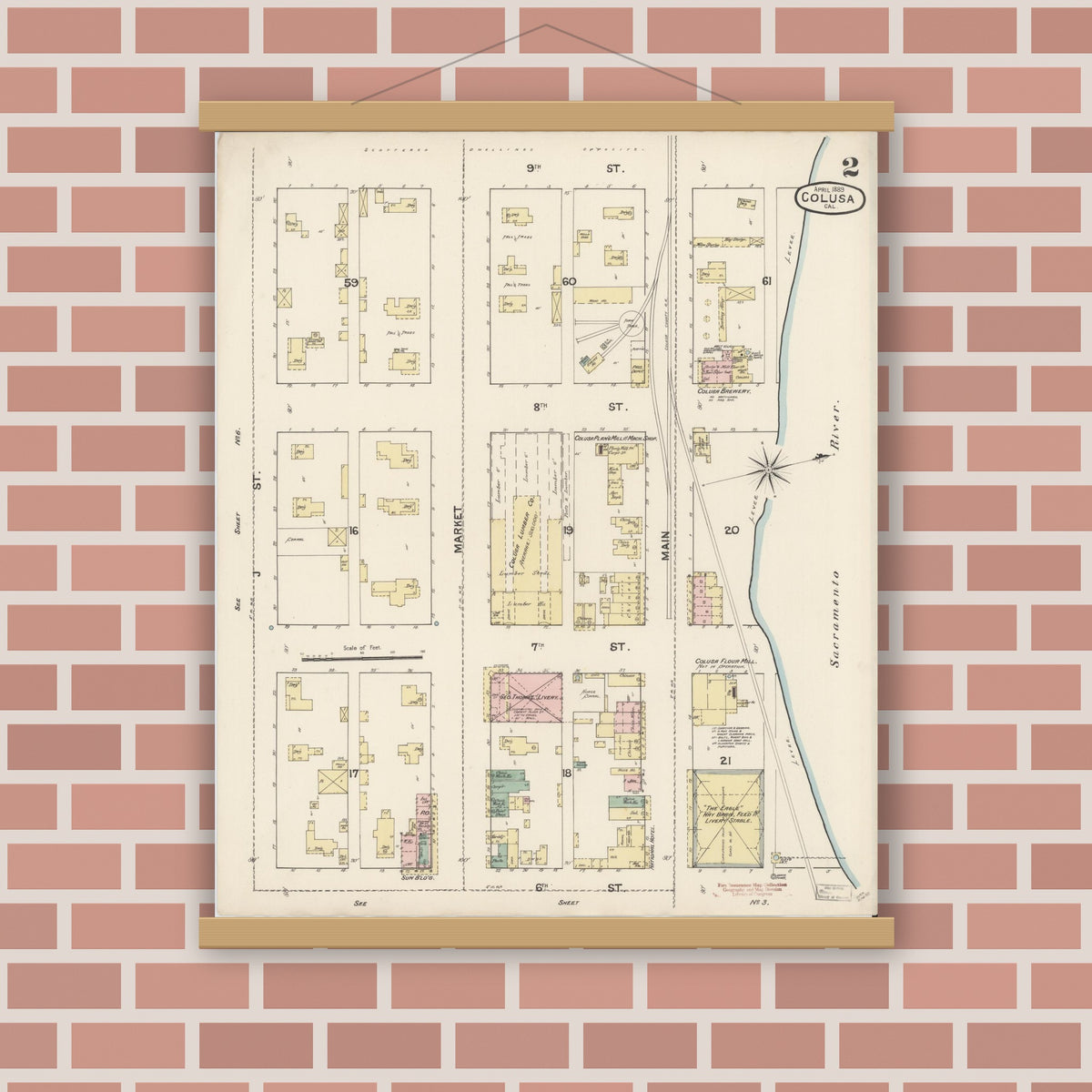 Old map wall art mockup — magnetic wood frame on brick wall — Sanborn Fire Insurance Map from Colusa, Colusa County, California (1889), Sheet #0002