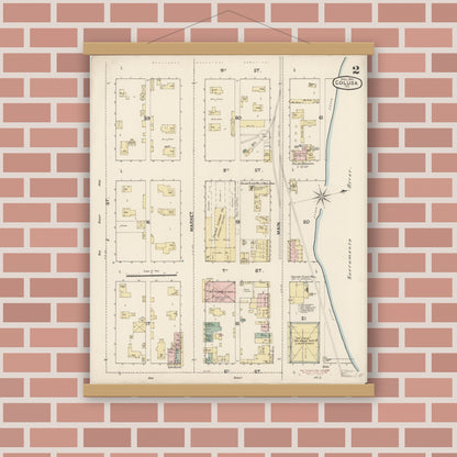 Old map wall art mockup — magnetic wood frame on brick wall — Sanborn Fire Insurance Map from Colusa, Colusa County, California (1889), Sheet #0002