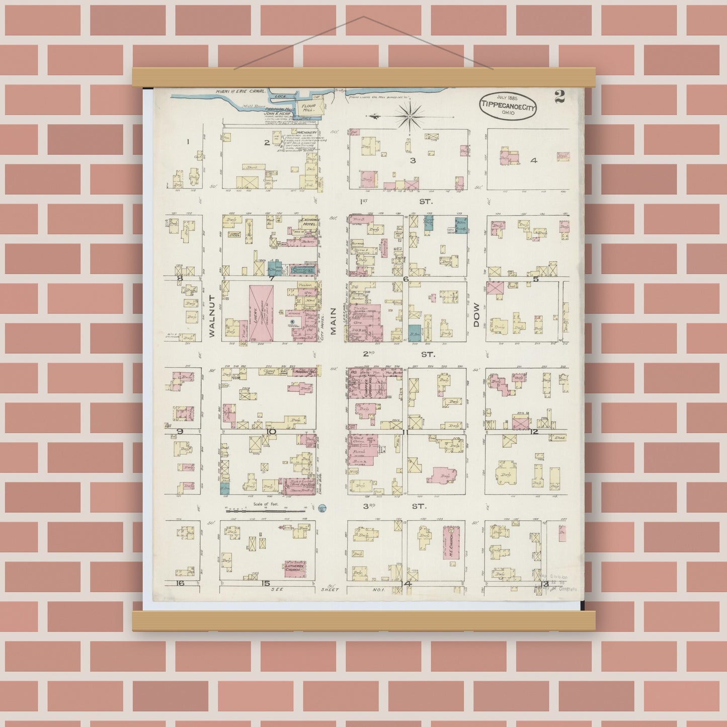 Old map wall art mockup — magnetic wood frame on brick wall — Sanborn Fire Insurance Map from Tipp City, Miami County, Ohio (1885), Sheet #0002