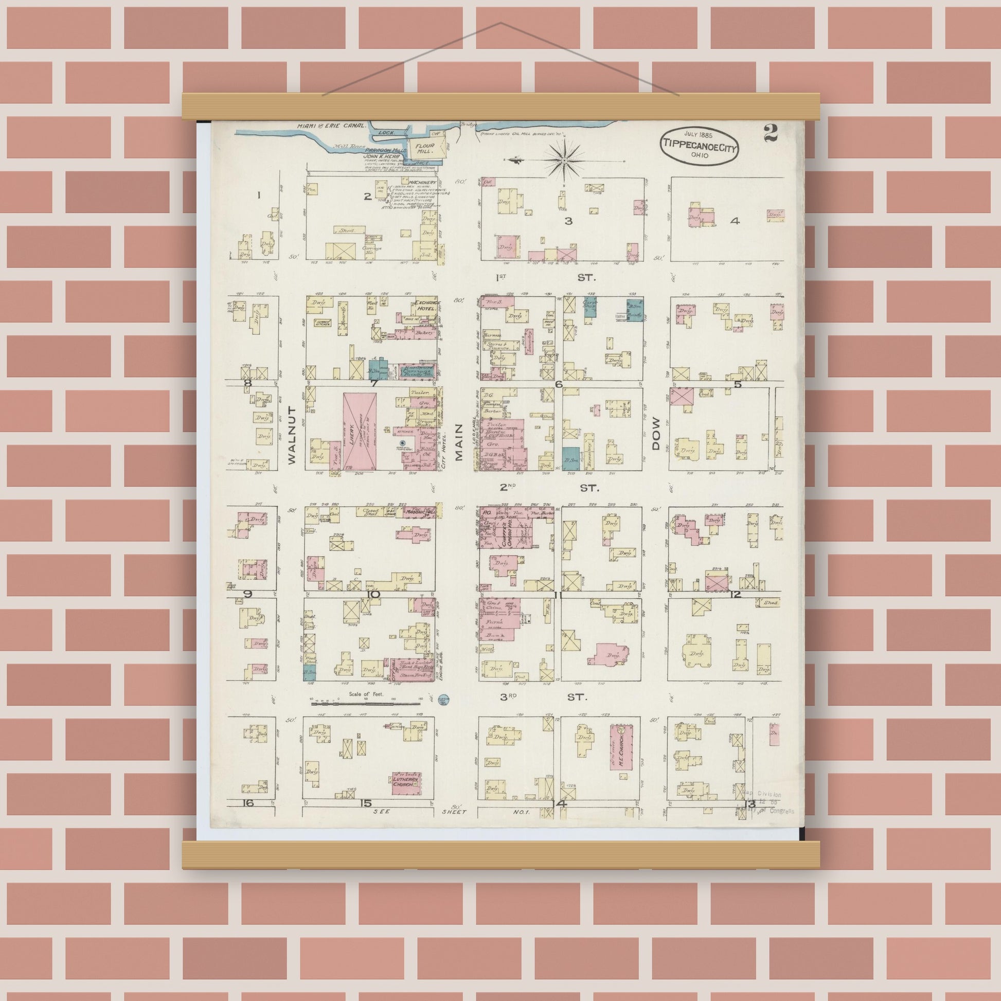Old map wall art mockup — magnetic wood frame on brick wall — Sanborn Fire Insurance Map from Tipp City, Miami County, Ohio (1885), Sheet #0002