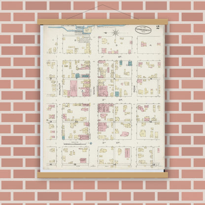 Old map wall art mockup — magnetic wood frame on brick wall — Sanborn Fire Insurance Map from Tipp City, Miami County, Ohio (1885), Sheet #0002