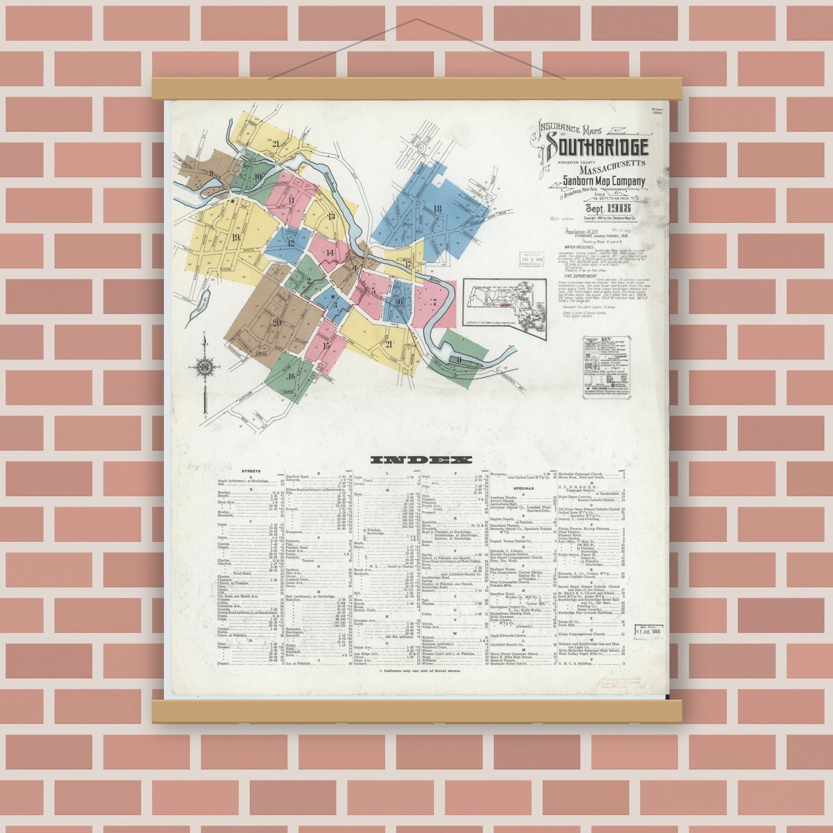 Old map wall art mockup — magnetic wood frame on brick wall — Sanborn Fire Insurance Map from Southbridge, Worcester County, Massachusetts (1918) - Complete Map Set