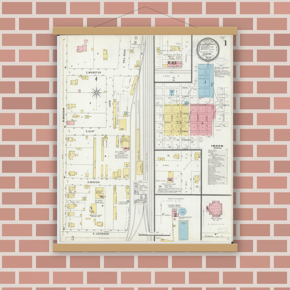 Old map wall art mockup — magnetic wood frame on brick wall — Sanborn Fire Insurance Map from Clinton, De Witt County, Illinois (1898) - Complete Map Set