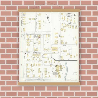 Old map wall art mockup — magnetic wood frame on brick wall — Sanborn Fire Insurance Map from Johnstown, Fulton County, New York (1912), Sheet #0019