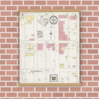 Old map wall art mockup — magnetic wood frame on brick wall — Sanborn Fire Insurance Map from Donna, Hidalgo County, Texas (1925), Sheet #0001