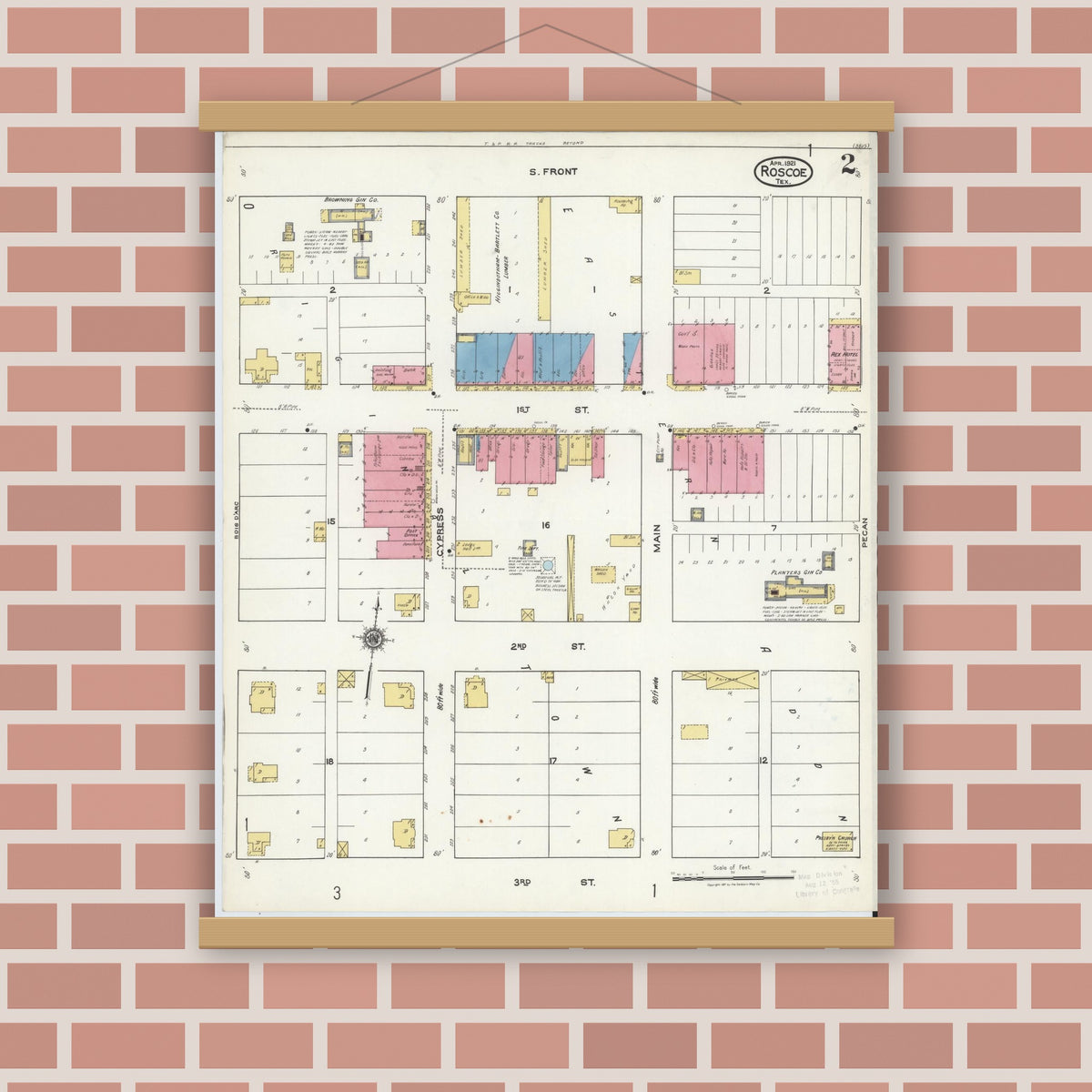 Old map wall art mockup — magnetic wood frame on brick wall — Sanborn Fire Insurance Map from Roscoe, Nolan County, Texas (1921), Sheet #0002