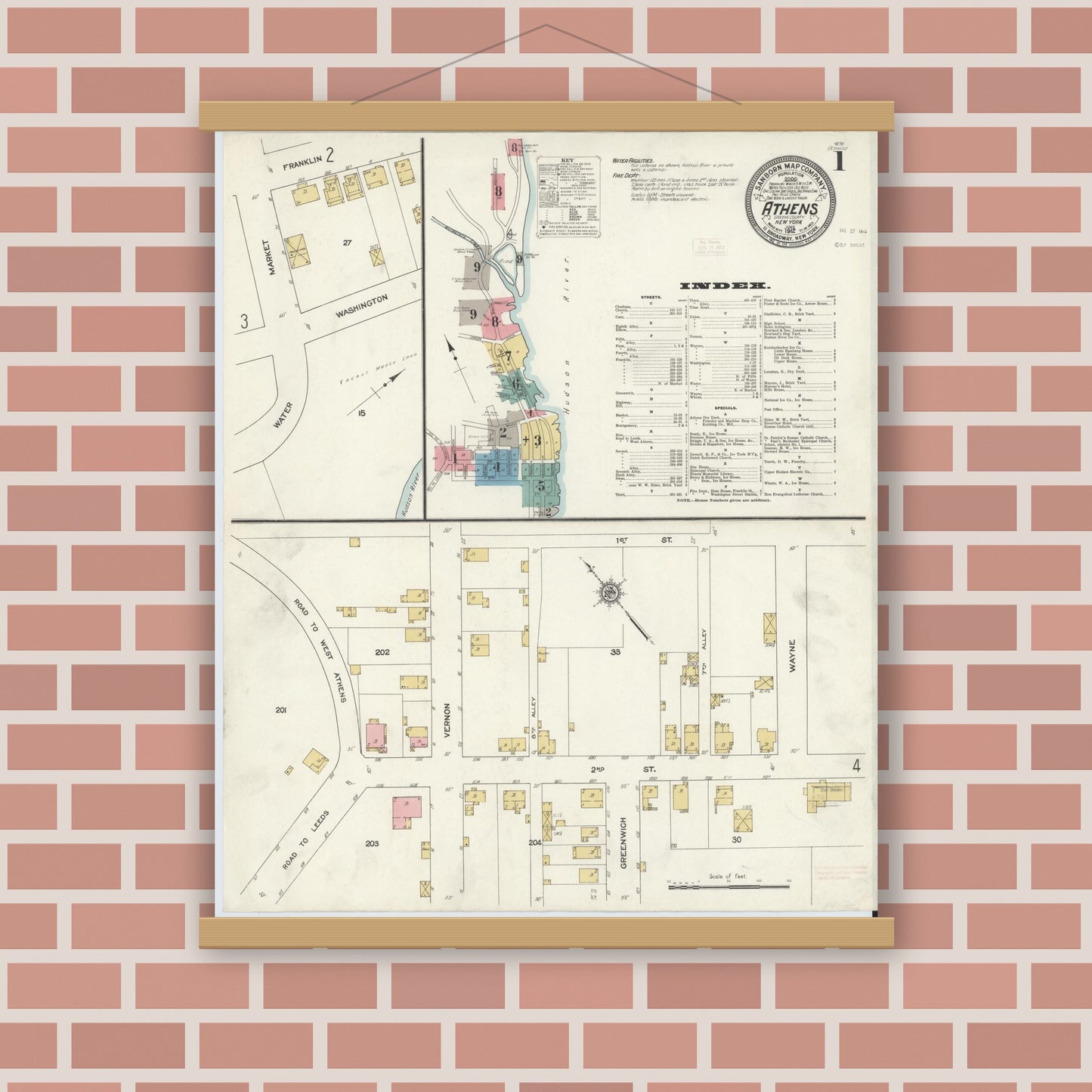 Old map wall art mockup — magnetic wood frame on brick wall — Sanborn Fire Insurance Map from Athens, Greene County, New York (1912), Sheet #0001
