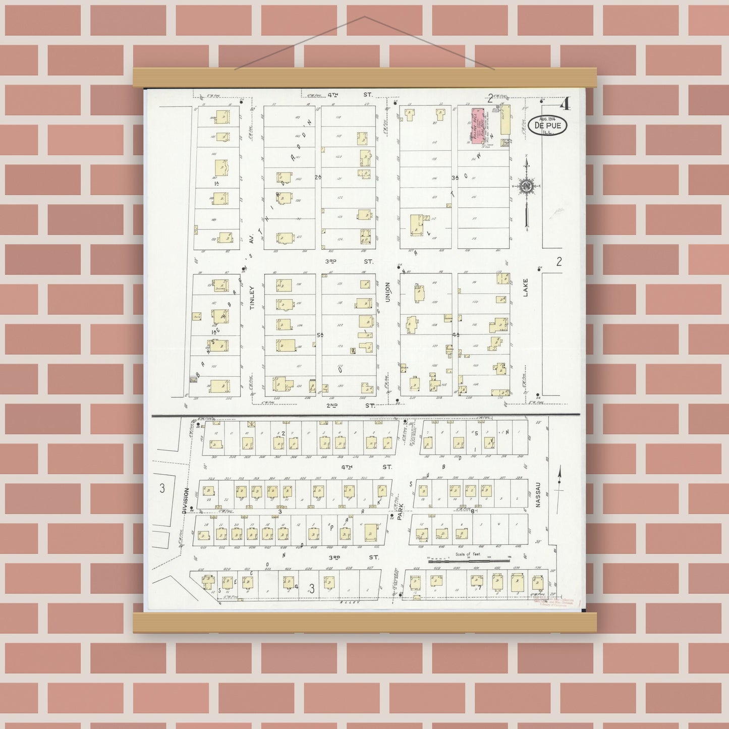 Old map wall art mockup — magnetic wood frame on brick wall — Sanborn Fire Insurance Map from De Pue, Bureau County, Illinois (1914), Sheet #0004