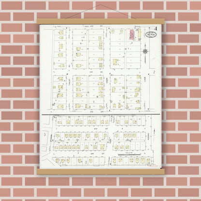 Old map wall art mockup — magnetic wood frame on brick wall — Sanborn Fire Insurance Map from De Pue, Bureau County, Illinois (1914), Sheet #0004