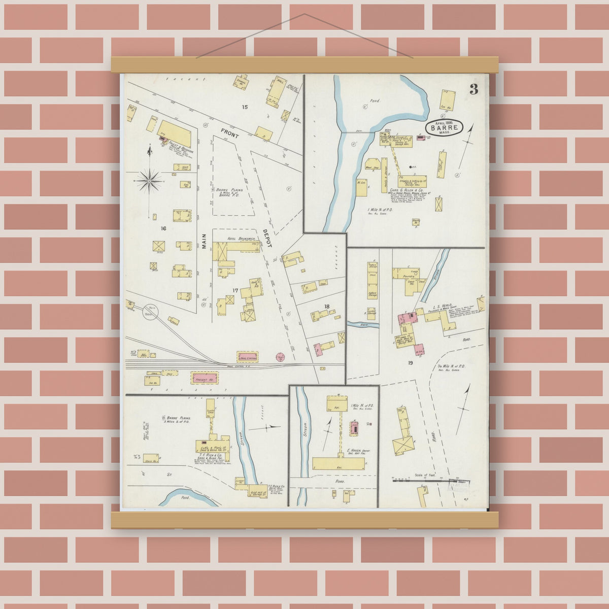 Old map wall art mockup — magnetic wood frame on brick wall — Sanborn Fire Insurance Map from Barre, Worcester County, Massachusetts (1895), Sheet #0003