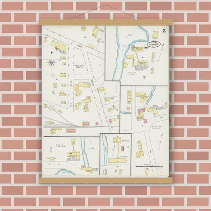 Old map wall art mockup — magnetic wood frame on brick wall — Sanborn Fire Insurance Map from Barre, Worcester County, Massachusetts (1895), Sheet #0003