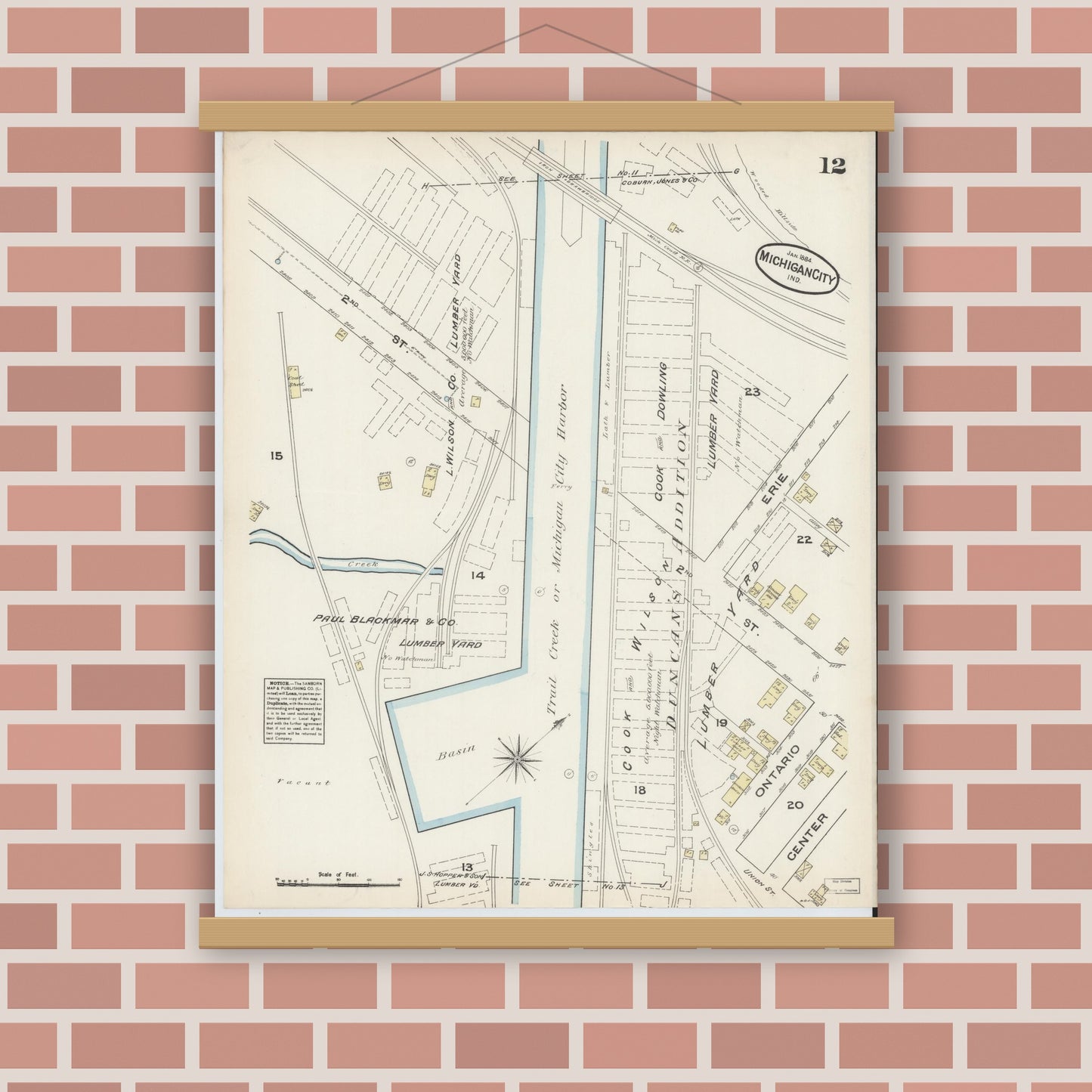 Old map wall art mockup — magnetic wood frame on brick wall — Sanborn Fire Insurance Map from Michigan City, La Porte  County, Indiana (1884), Sheet #0012